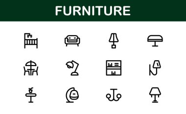 İç mimarlar için mobilya ikonları. Modern, Klasik ve Minimalist Mobilyalar için Ölçeklenebilir Grafikler