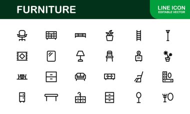 İç mimarlar için mobilya ikonları. Modern, Klasik ve Minimalist Mobilyalar için Ölçeklenebilir Grafikler