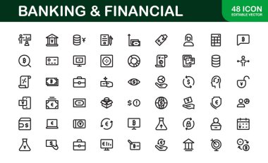 Finansal ve Bankacılık Simgesi Paketi. Varlık Yönetimi için Profesyonel Simgeler, Çevrimiçi Bankacılık, Aktarımlar ve Para Yönetimi Tasarımları