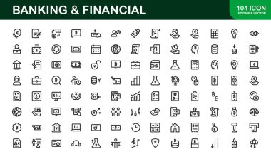 Finansal ve Bankacılık Simgesi Paketi. Varlık Yönetimi için Profesyonel Simgeler, Çevrimiçi Bankacılık, Aktarımlar ve Para Yönetimi Tasarımları