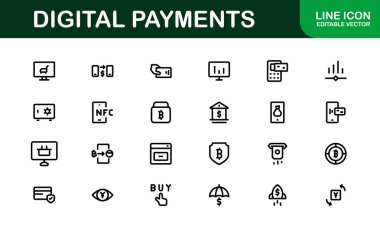 Dijital Ödeme Simgeleri. Mobil Cüzdanlar, Aktarımlar, Çevrimiçi Ödemeler ve Dijital Finans için Yüksek Kaliteli Çizgi ve Taslak Vektör Resimleri
