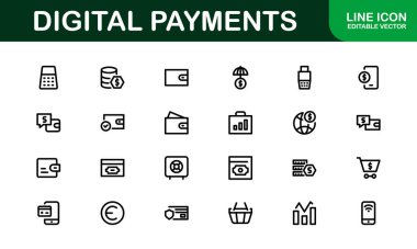 Dijital Ödeme Simgeleri. Mobil Cüzdanlar, Aktarımlar, Çevrimiçi Ödemeler ve Dijital Finans için Yüksek Kaliteli Çizgi ve Taslak Vektör Resimleri