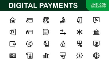 Dijital Ödeme Simgeleri. Mobil Cüzdanlar, Aktarımlar, Çevrimiçi Ödemeler ve Dijital Finans için Yüksek Kaliteli Çizgi ve Taslak Vektör Resimleri