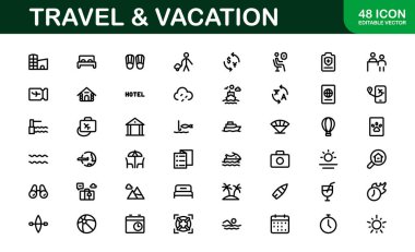Tatil ve Seyahat Simgesi Koleksiyonu. Seyahat Planlama, Keşif ve Seyahat Deneyimleri İçin Yüksek Kaliteli Simgeler