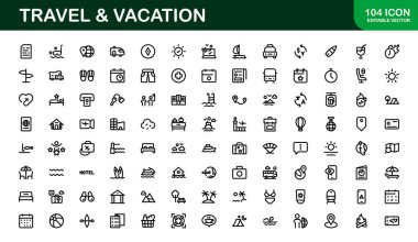 Tatil ve Seyahat Simgesi Koleksiyonu. Seyahat Planlama, Keşif ve Seyahat Deneyimleri İçin Yüksek Kaliteli Simgeler