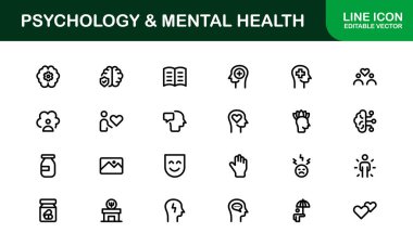 Psikoloji ve Ruh Sağlığı Simgeleri Ayarlandı. Terapi, Danışmanlık ve Akıl Sağlığı için Temel Simgeler