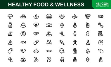 Sağlıklı Gıda ve Sağlık Simgeleri Ayarlandı. Sağlıklı Yeme, Beslenme ve Sağlık Yaşam Tarzı İçin Temel Simgeler