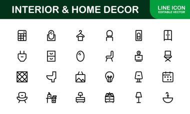 Ev Dekorasyonu ve İç Tasarım Simgesi Paketi. Yaşam Alanları, Dekorasyon ve Ev Biçimi için Mükemmel Simgeler