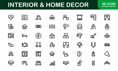 Ev Dekorasyonu ve İç Tasarım Simgesi Paketi. Yaşam Alanları, Dekorasyon ve Ev Biçimi için Mükemmel Simgeler