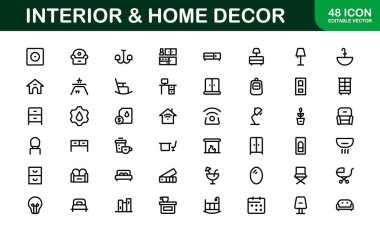 Ev Dekorasyonu ve İç Tasarım Simgesi Paketi. Yaşam Alanları, Dekorasyon ve Ev Biçimi için Mükemmel Simgeler