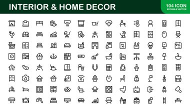 Ev Dekorasyonu ve İç Tasarım Simgesi Paketi. Yaşam Alanları, Dekorasyon ve Ev Biçimi için Mükemmel Simgeler