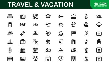 Tatil ve Seyahat Simgesi Koleksiyonu. Seyahat Planlama, Keşif ve Seyahat Deneyimleri İçin Yüksek Kaliteli Simgeler