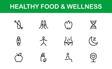 Healthy Food and Wellness Icons Set. Essential Icons for Healthy Eating, Nutrition, and Wellness Lifestyle clipart