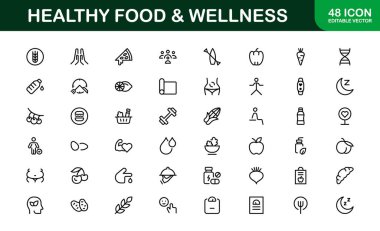 Sağlıklı Gıda ve Sağlık Simgeleri Ayarlandı. Sağlıklı Yeme, Beslenme ve Sağlık Yaşam Tarzı İçin Temel Simgeler