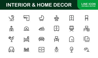 Home Decor and Interior Design Icon Pack. Perfect Icons for Living Spaces, Decoration, and Home Styling clipart