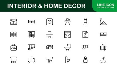 Home Decor and Interior Design Icon Pack. Perfect Icons for Living Spaces, Decoration, and Home Styling clipart