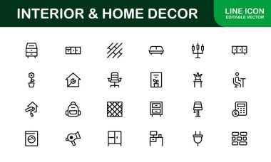 Ev Dekorasyonu ve İç Tasarım Simgesi Paketi. Yaşam Alanları, Dekorasyon ve Ev Biçimi için Mükemmel Simgeler