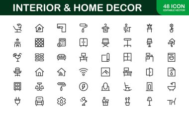Ev Dekorasyonu ve İç Tasarım Simgesi Paketi. Yaşam Alanları, Dekorasyon ve Ev Biçimi için Mükemmel Simgeler