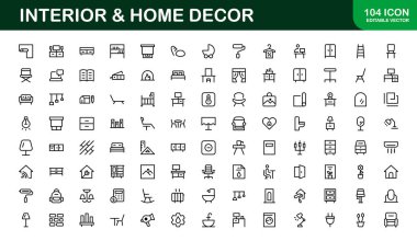 Ev Dekorasyonu ve İç Tasarım Simgesi Paketi. Yaşam Alanları, Dekorasyon ve Ev Biçimi için Mükemmel Simgeler