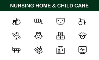 Huzurevi ve Çocuk Bakımı ikonu seti. Yaşlılara Bakım, Yaşlılara Yardım, Çocuk Bakımı ve Aile Destek İkonaları