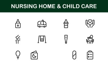 Huzurevi ve Çocuk Bakımı ikonu seti. Yaşlılara Bakım, Yaşlılara Yardım, Çocuk Bakımı ve Aile Destek İkonaları