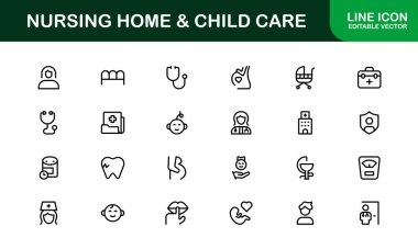 Nursing Home and Child Care Icon Set. Premium Icons for Senior Care, Elderly Assistance, Childcare, and Family Support clipart