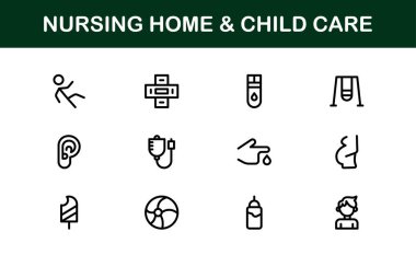 Huzurevi ve Çocuk Bakımı ikonu seti. Yaşlılara Bakım, Yaşlılara Yardım, Çocuk Bakımı ve Aile Destek İkonaları