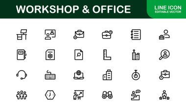 Ofis ve Atölye Simgesi Koleksiyonu. Çalışma Alanı, İş ve Üretim Tasarımı Temaları İçin Mükemmel