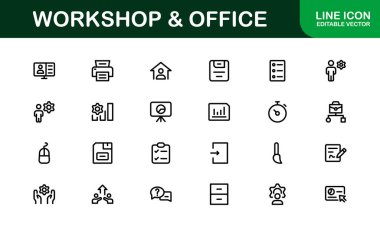 Ofis ve Atölye Simgesi Koleksiyonu. Çalışma Alanı, İş ve Üretim Tasarımı Temaları İçin Mükemmel