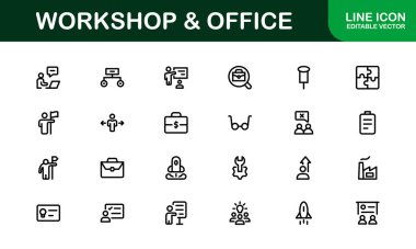 Ofis ve Atölye Simgesi Koleksiyonu. Çalışma Alanı, İş ve Üretim Tasarımı Temaları İçin Mükemmel