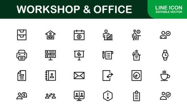 Ofis ve Atölye Simgesi Koleksiyonu. Çalışma Alanı, İş ve Üretim Tasarımı Temaları İçin Mükemmel