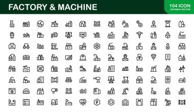 Fabrika ve Makine Simgesi Seti. Endüstriyel, Üretim ve Üretim Tasarımları İçin Temel Koleksiyon