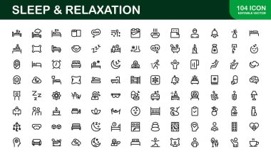 Modern Uyku ve Gevşeme Simgesi Vektör İllüstrasyonunu Ayarladı. Huzur, Huzur ve Rahatlık İçin Temel Semboller