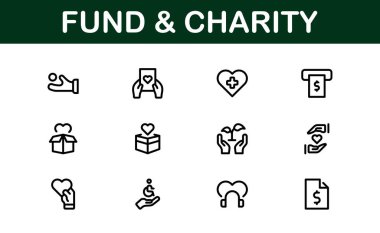 Profesyonel Fon ve Yardım Simgesi Vektör İllüstrasyonu. Bağış, Gönüllülük ve Sosyal İyilik İçin En Yararlı Simgeler