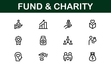 Profesyonel Fon ve Yardım Simgesi Vektör İllüstrasyonu. Bağış, Gönüllülük ve Sosyal İyilik İçin En Yararlı Simgeler