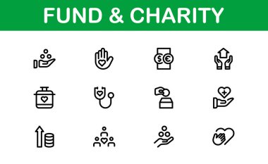 Profesyonel Fon ve Yardım Simgesi Vektör İllüstrasyonu. Bağış, Gönüllülük ve Sosyal İyilik İçin En Yararlı Simgeler