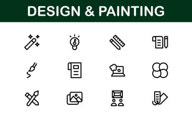 Profesyonel Tasarım ve Boyama Simgesi Set Vektörü İllüstrasyonu. Sanatsal Araçlar, Renkler ve Boyama Teknikleri için En Kullanışlı Simgeler 