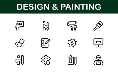 Profesyonel Tasarım ve Boyama Simgesi Set Vektörü İllüstrasyonu. Sanatsal Araçlar, Renkler ve Boyama Teknikleri için En Kullanışlı Simgeler 