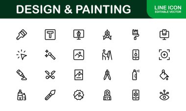 Profesyonel Tasarım ve Boyama Simgesi Set Vektörü İllüstrasyonu. Sanatsal Araçlar, Renkler ve Boyama Teknikleri için En Kullanışlı Simgeler 