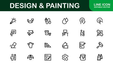 Profesyonel Tasarım ve Boyama Simgesi Set Vektörü İllüstrasyonu. Sanatsal Araçlar, Renkler ve Boyama Teknikleri için En Kullanışlı Simgeler 