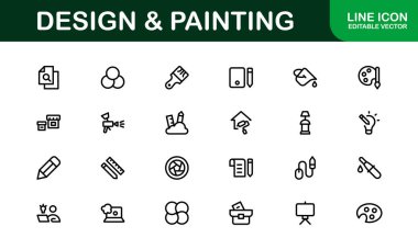 Profesyonel Tasarım ve Boyama Simgesi Set Vektörü İllüstrasyonu. Sanatsal Araçlar, Renkler ve Boyama Teknikleri için En Kullanışlı Simgeler 