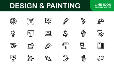 Profesyonel Tasarım ve Boyama Simgesi Set Vektörü İllüstrasyonu. Sanatsal Araçlar, Renkler ve Boyama Teknikleri için En Kullanışlı Simgeler 