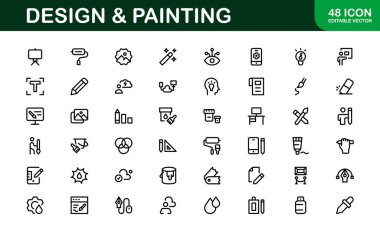 Profesyonel Tasarım ve Boyama Simgesi Set Vektörü İllüstrasyonu. Sanatsal Araçlar, Renkler ve Boyama Teknikleri için En Kullanışlı Simgeler 