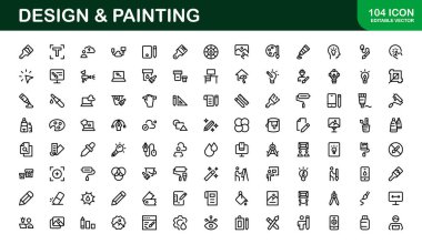 Profesyonel Tasarım ve Boyama Simgesi Set Vektörü İllüstrasyonu. Sanatsal Araçlar, Renkler ve Boyama Teknikleri için En Kullanışlı Simgeler 