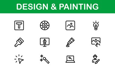 Profesyonel Tasarım ve Boyama Simgesi Set Vektörü İllüstrasyonu. Sanatsal Araçlar, Renkler ve Boyama Teknikleri için En Kullanışlı Simgeler 