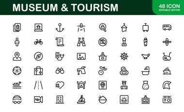 Temel Müze ve Turizm Simgesi Vektör İllüstrasyonu. Etkinleştirme ve Kültürel Tasarımlar Oluşturmak İçin Seyahat Simgeleri, Sergiler ve Simgeleri İçerir.