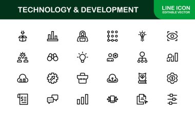 Modern Teknoloji ve Geliştirme Simgesi Vektör İllüstrasyonu. Kodlama, Uygulamalar ve Dijital İnovasyonlar için Temel Semboller