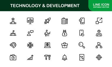 Modern Teknoloji ve Geliştirme Simgesi Vektör İllüstrasyonu. Kodlama, Uygulamalar ve Dijital İnovasyonlar için Temel Semboller