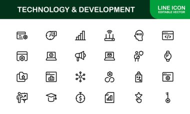Modern Teknoloji ve Geliştirme Simgesi Vektör İllüstrasyonu. Kodlama, Uygulamalar ve Dijital İnovasyonlar için Temel Semboller