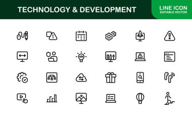 Modern Teknoloji ve Geliştirme Simgesi Vektör İllüstrasyonu. Kodlama, Uygulamalar ve Dijital İnovasyonlar için Temel Semboller